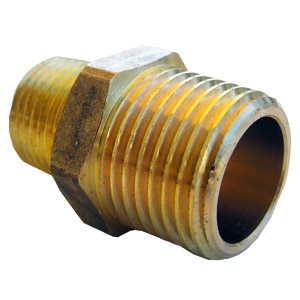 (image for) 1/2 MALE PIPE THREAD X 3/8 MALE PIPE THREAD BRASS HEX NIPPLE - Click Image to Close